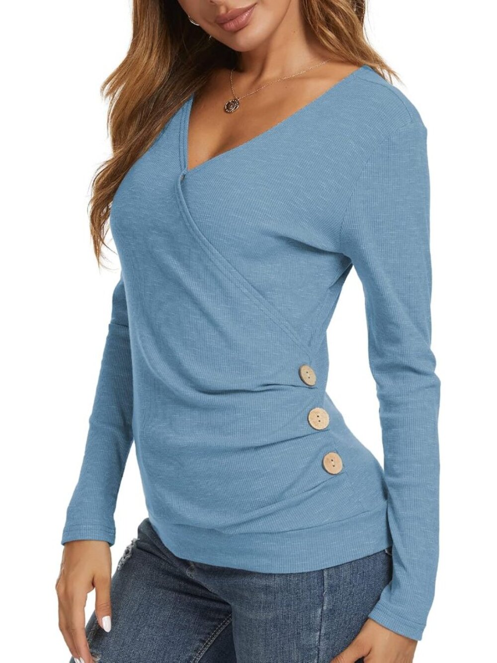 Women's V Neck Buttons Tunic Wrap Tops Long Sleeve Casual Vocation T-Shirts Work